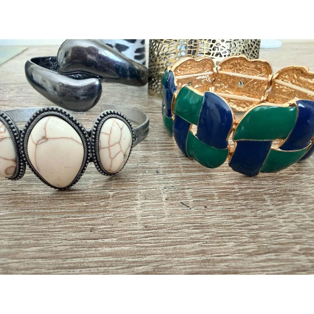 Statement Cuff Bangle Bracelet Lot 6 Gold Silver Gunmetal Leopard Enamel Faux